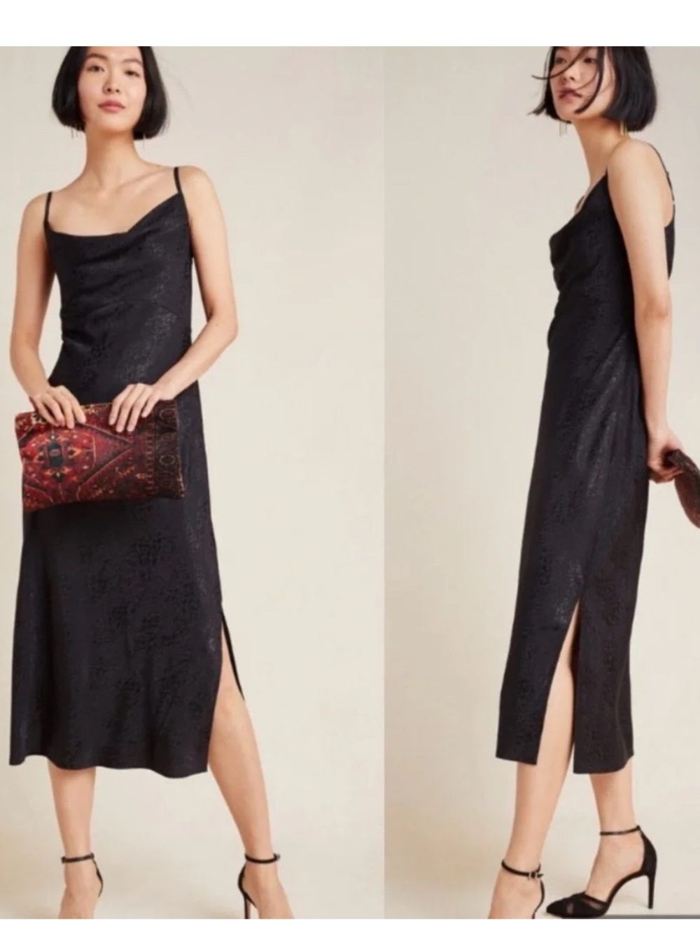 Anthropologie Black Slip Midi Dress Sz 2 Amelie Jacquard Cowl Neck